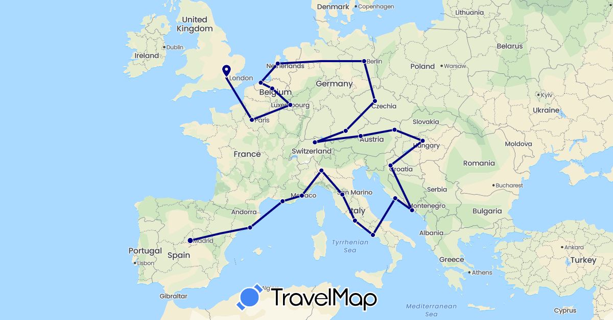 TravelMap itinerary: driving in Austria, Belgium, Switzerland, Czech Republic, Germany, Spain, France, United Kingdom, Croatia, Hungary, Italy, Luxembourg, Netherlands (Europe)